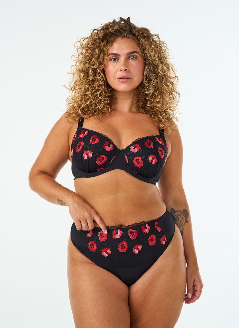 Microvezel string met geborduurde bloemen, Zwart, Model image number 0