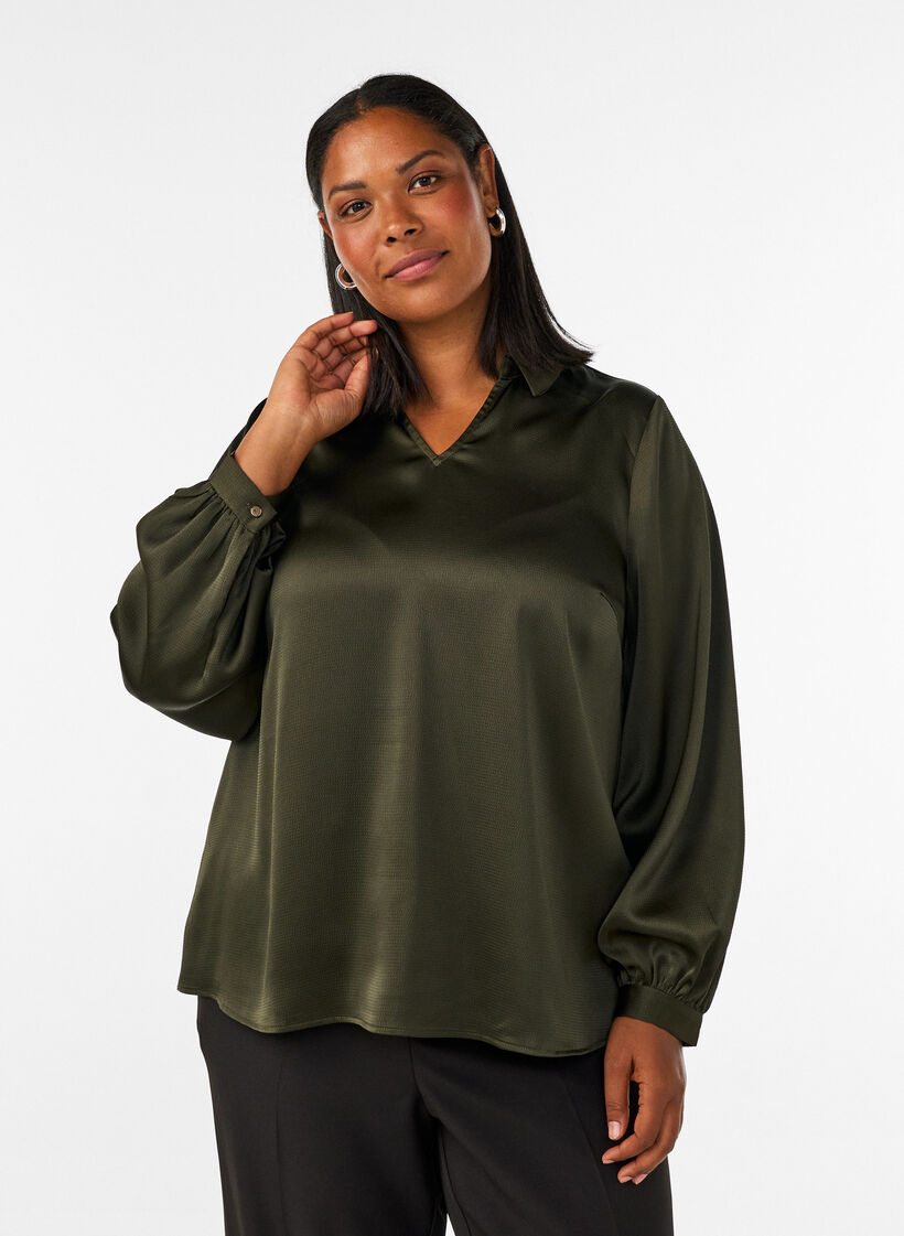 Blouse met overhemdkraag en V-hals, Groen, Model image number 0