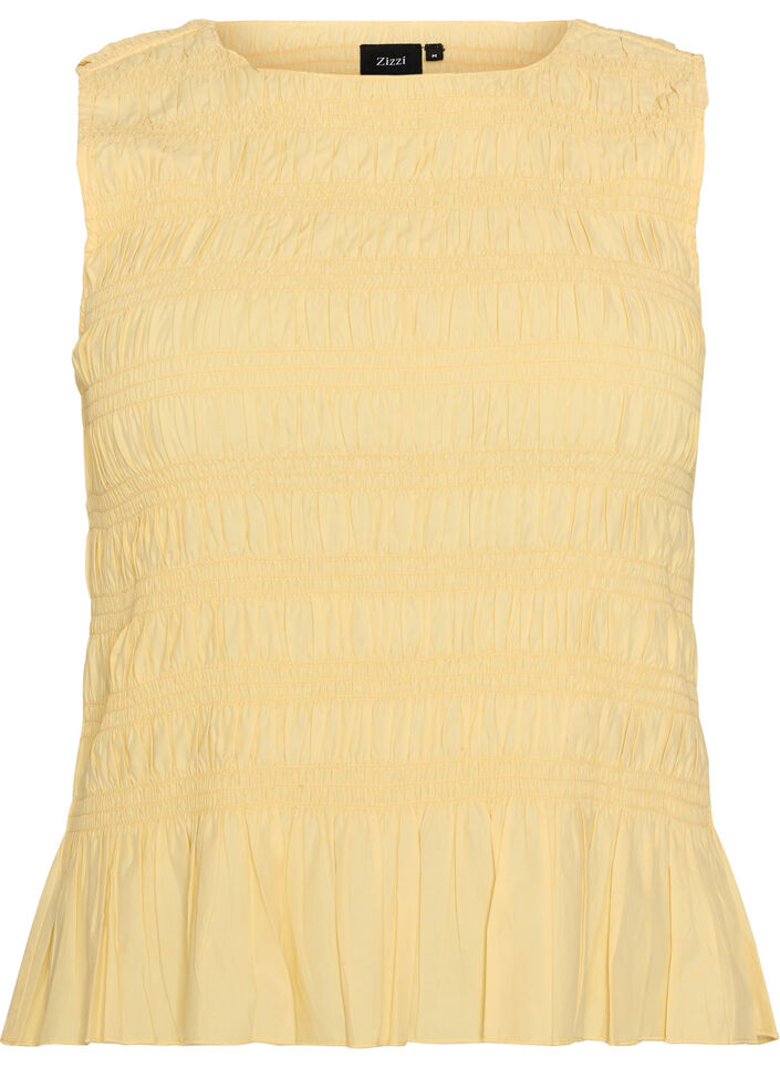 Smocktop met boothals en peplumzoom, Geel, Packshot image number 0