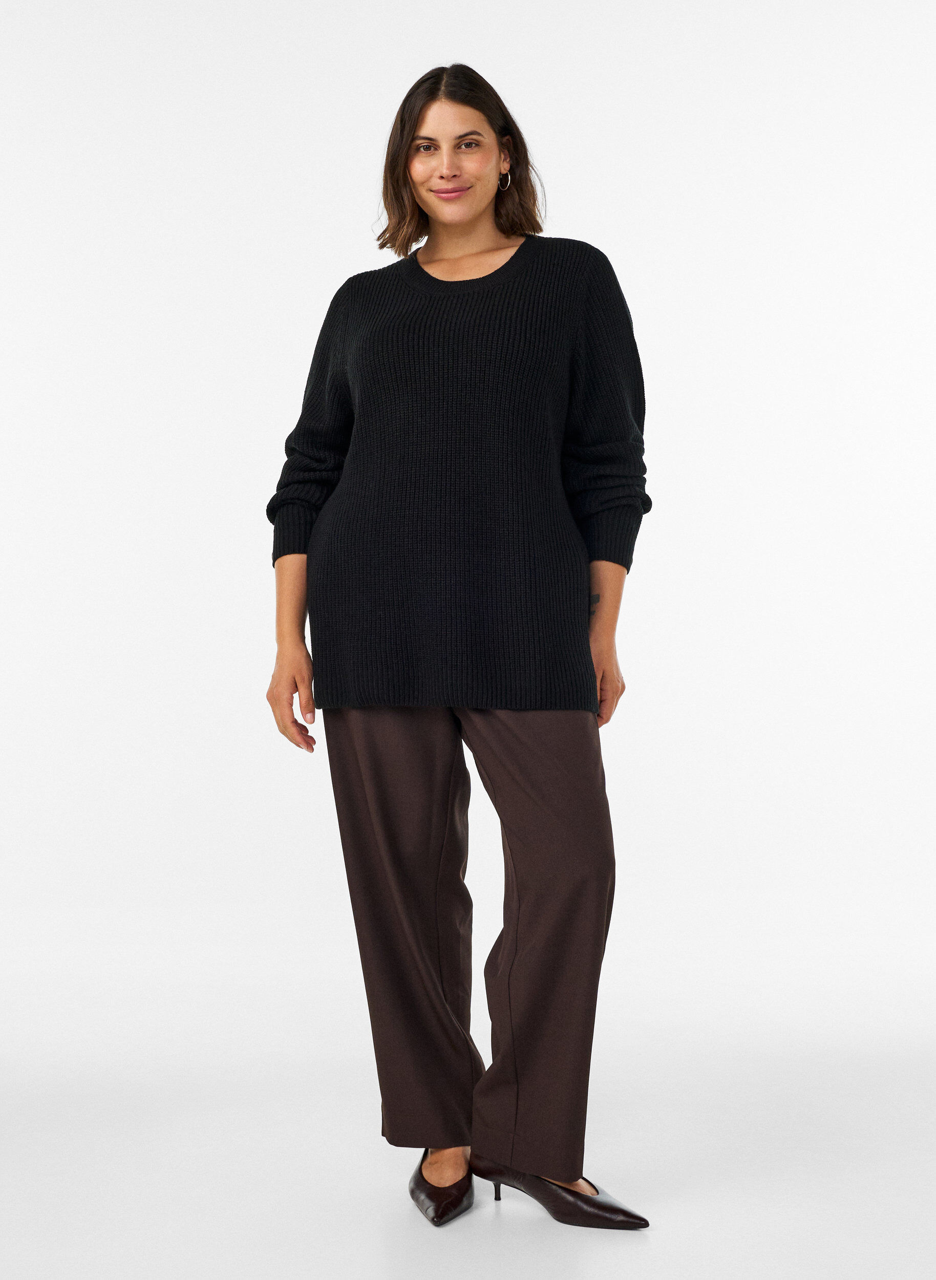 ZizziGebreide blouse met ribstructuur en knoopdetails, Zwart, Model image number 1