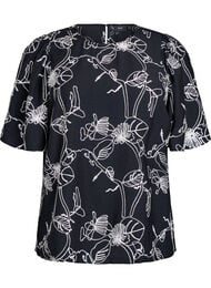 Blouse met korte mouwen en geborduurd patroon, Zwart