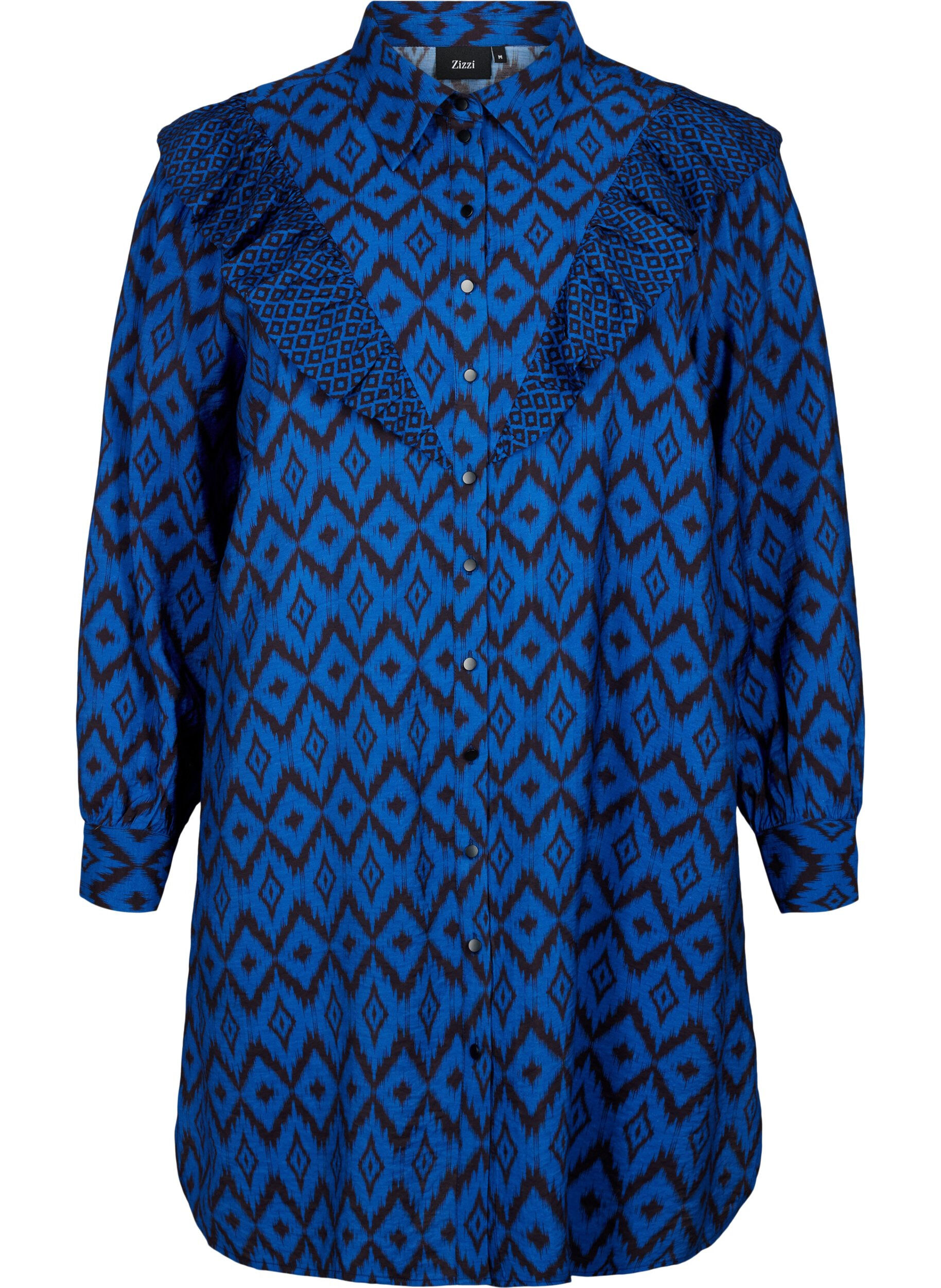 Zizzi Lange viscose shirt met print en franjes, True blue w. Black, Packshot image number 0