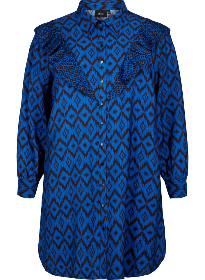 Lange viscose shirt met print en franjes, True blue w. Black, Packshot image number 0
