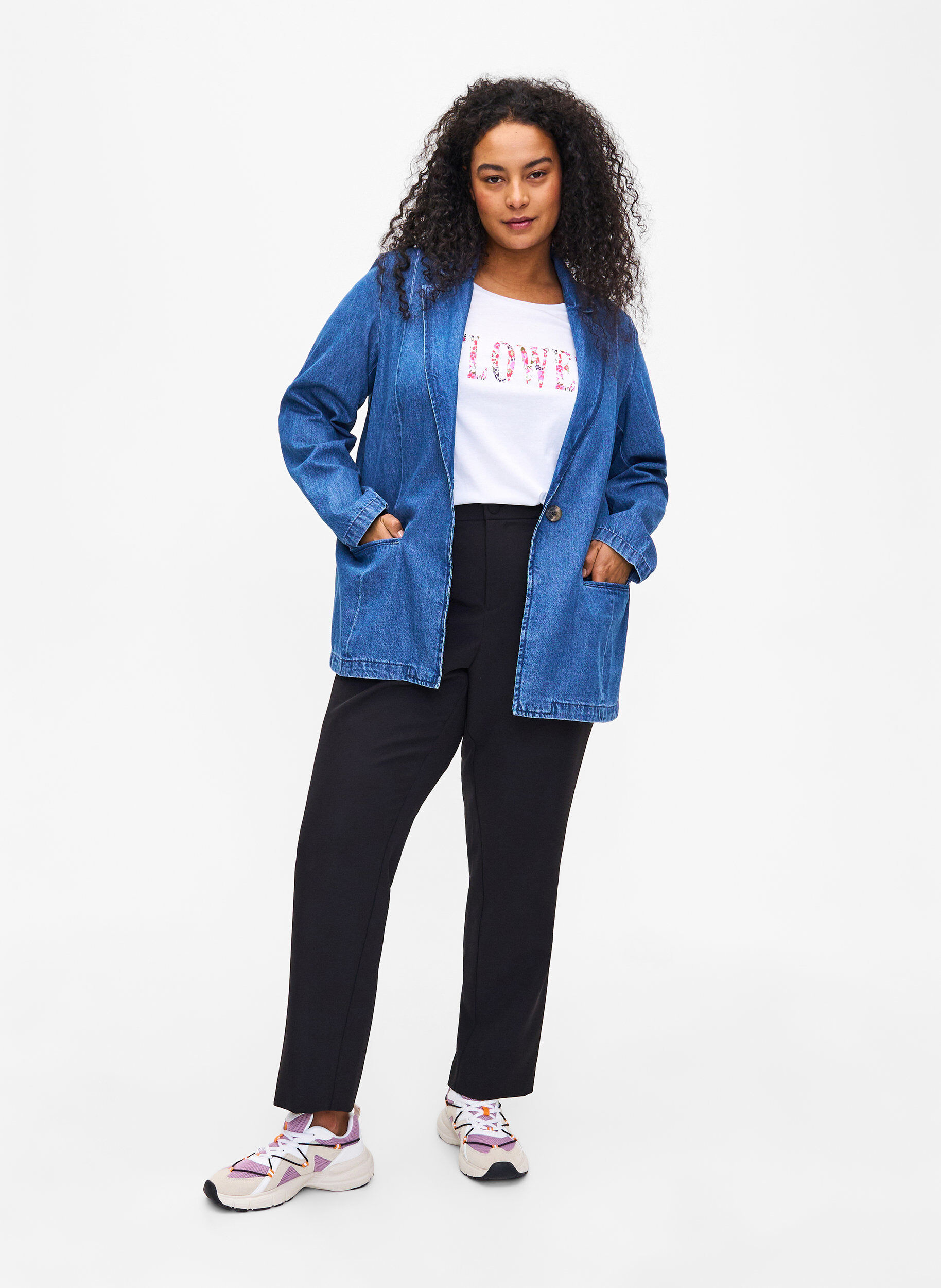 Zizzi Denim blazer met zakken, Blue Denim, Model image number 2