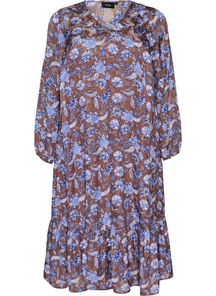 Midijurk met bloemenprint en ruchezoom, Bruin, Packshot image number 0