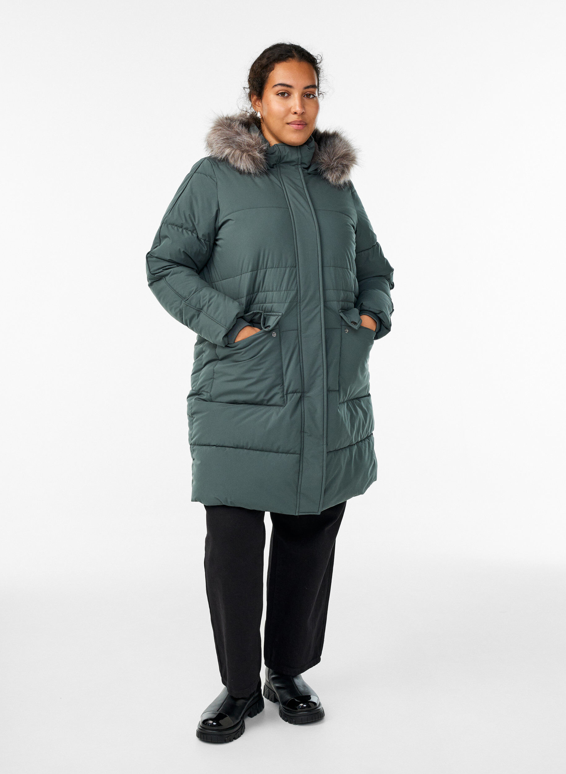 Zizzi Waterafstotende parka met imitatiebontkraag, Groen, Model image number 1