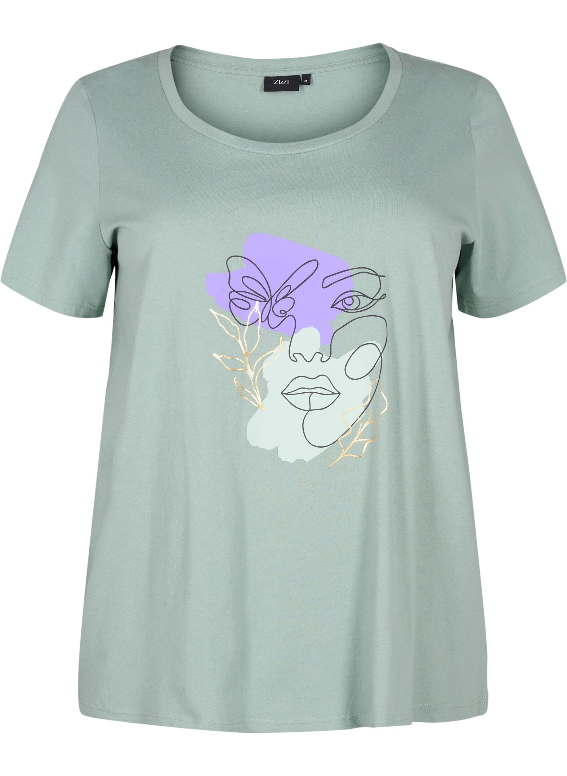 Zizzi Katoenen T-shirt met motief, Ch. Green w. Face, Packshot image number 0