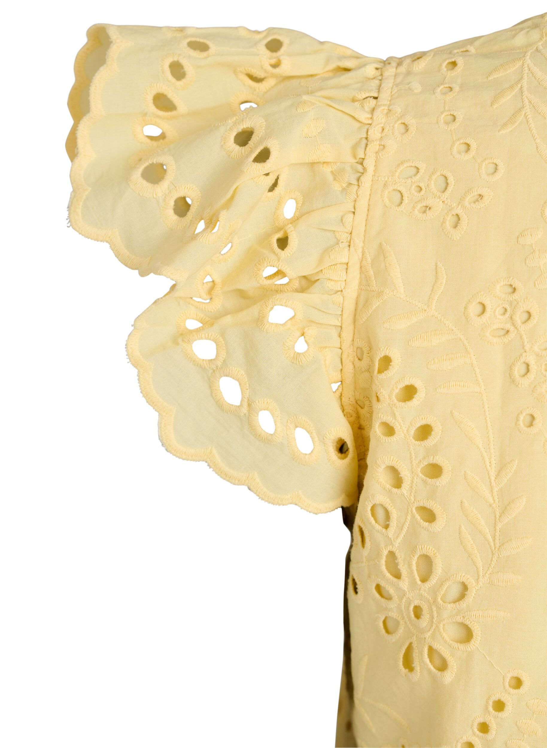 Zizzi Broderie anglaise jurk met ruches mouwen, Geel, Packshot image number 3