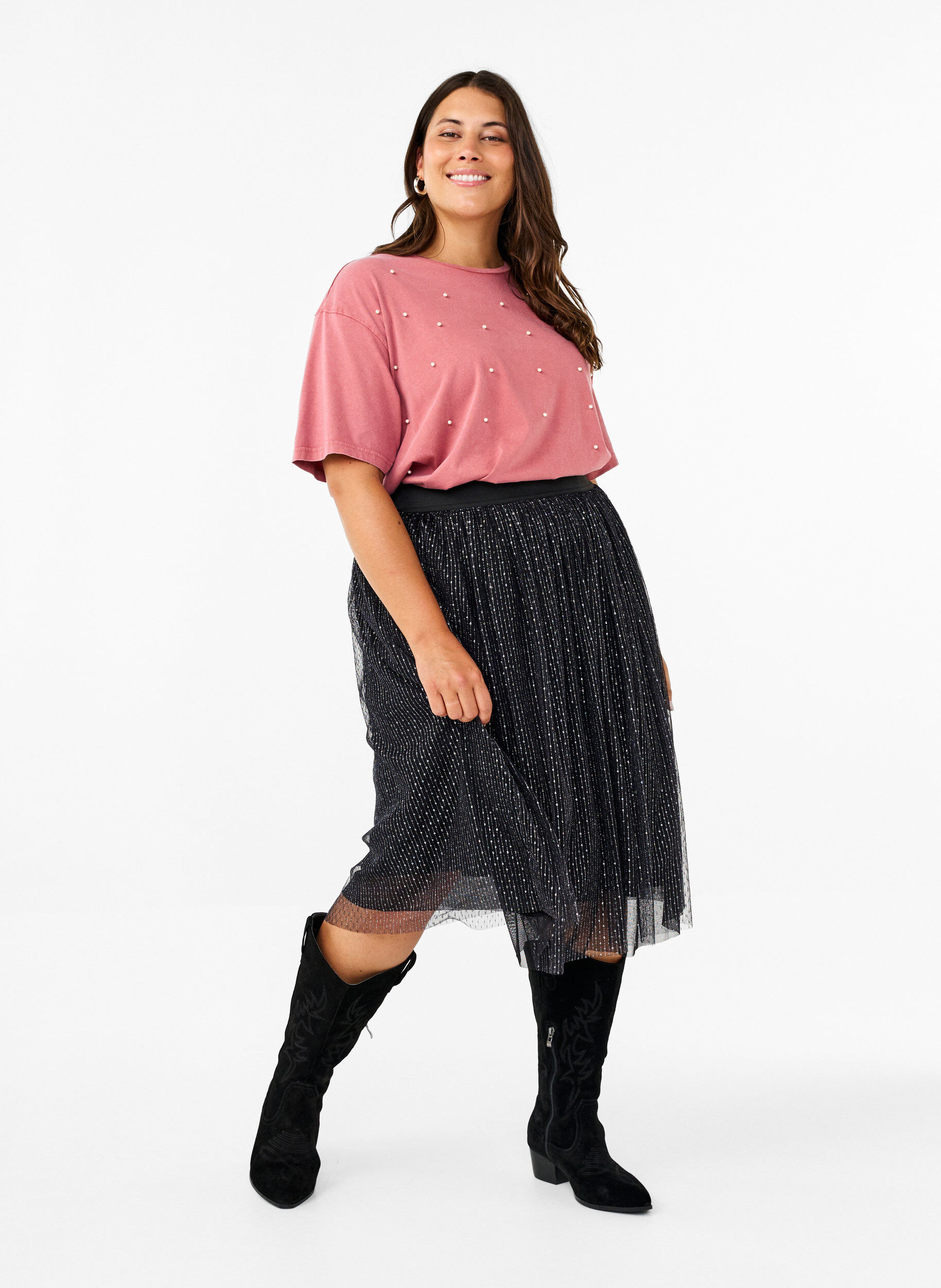 Zizzi Rok van mesh met glitters, Black, Model image number 0
