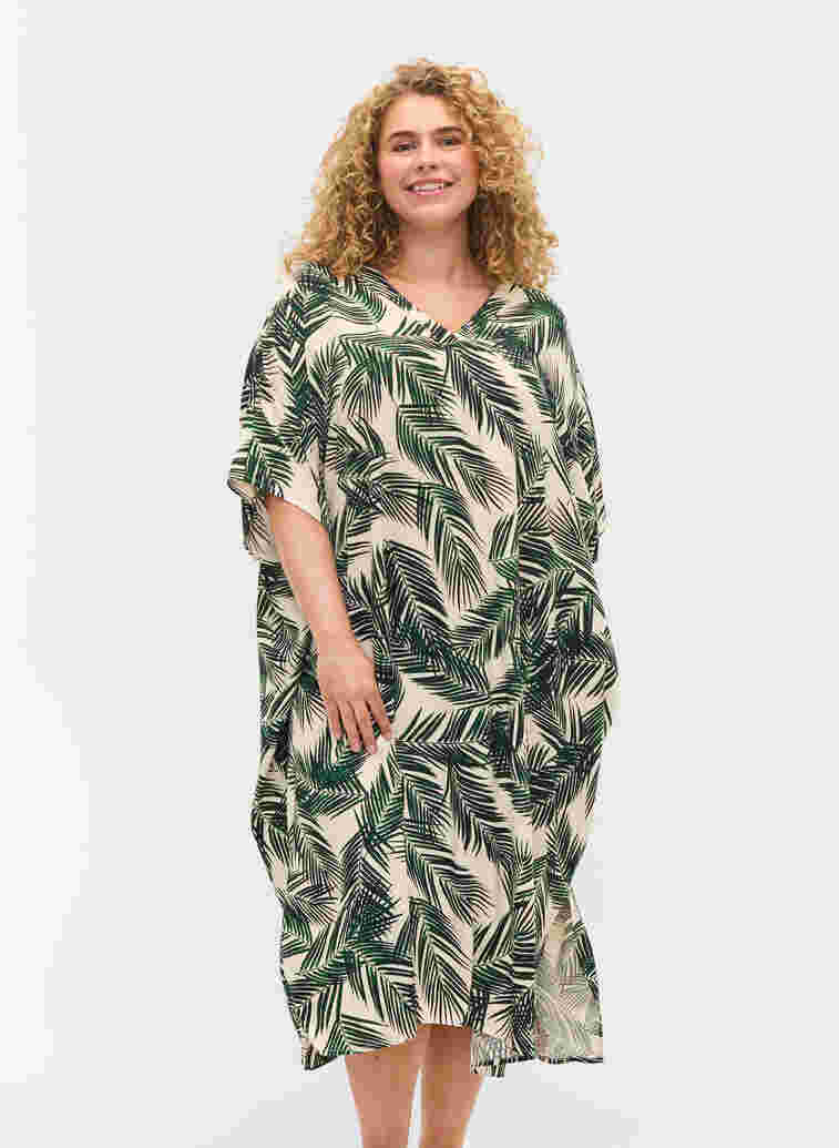 Bedrukte kaftan viscose jurk, Green Leaf, Model image number 0
