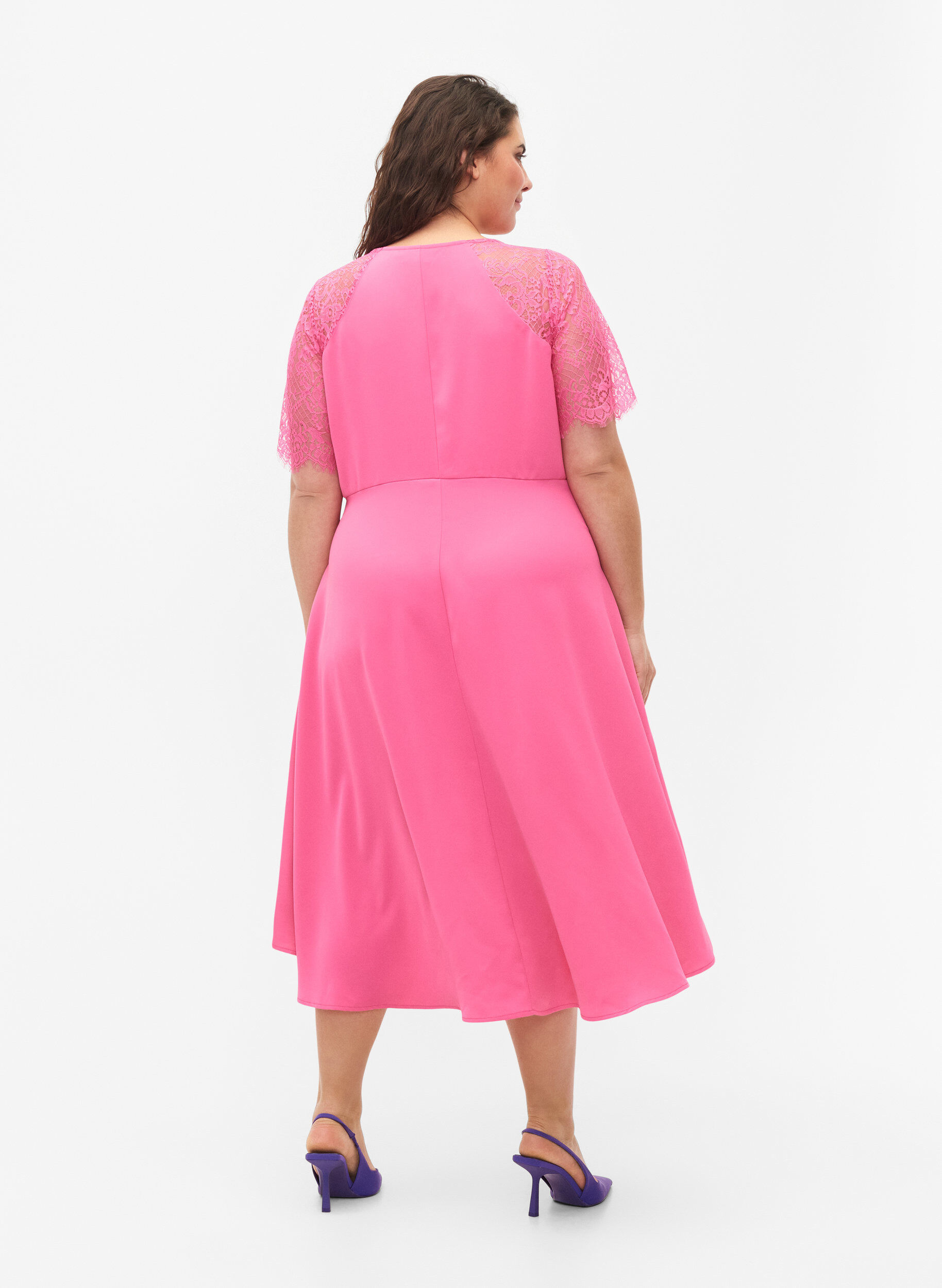 Zizzi Midi-jurk met korte kanten mouwen, Shocking Pink, Model image number 1