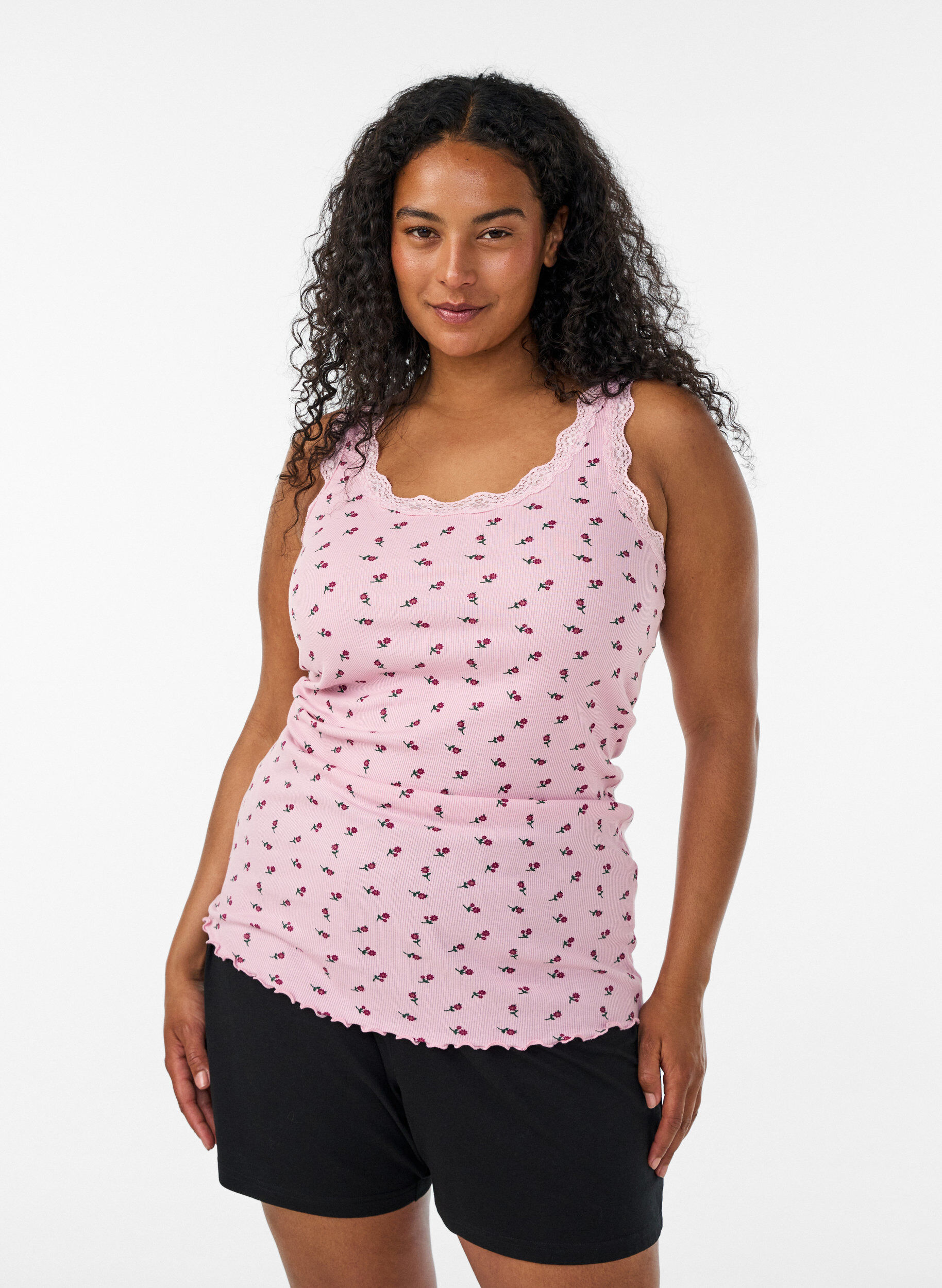 ZizziTop met print en kanten rand, Rood, Model image number 0