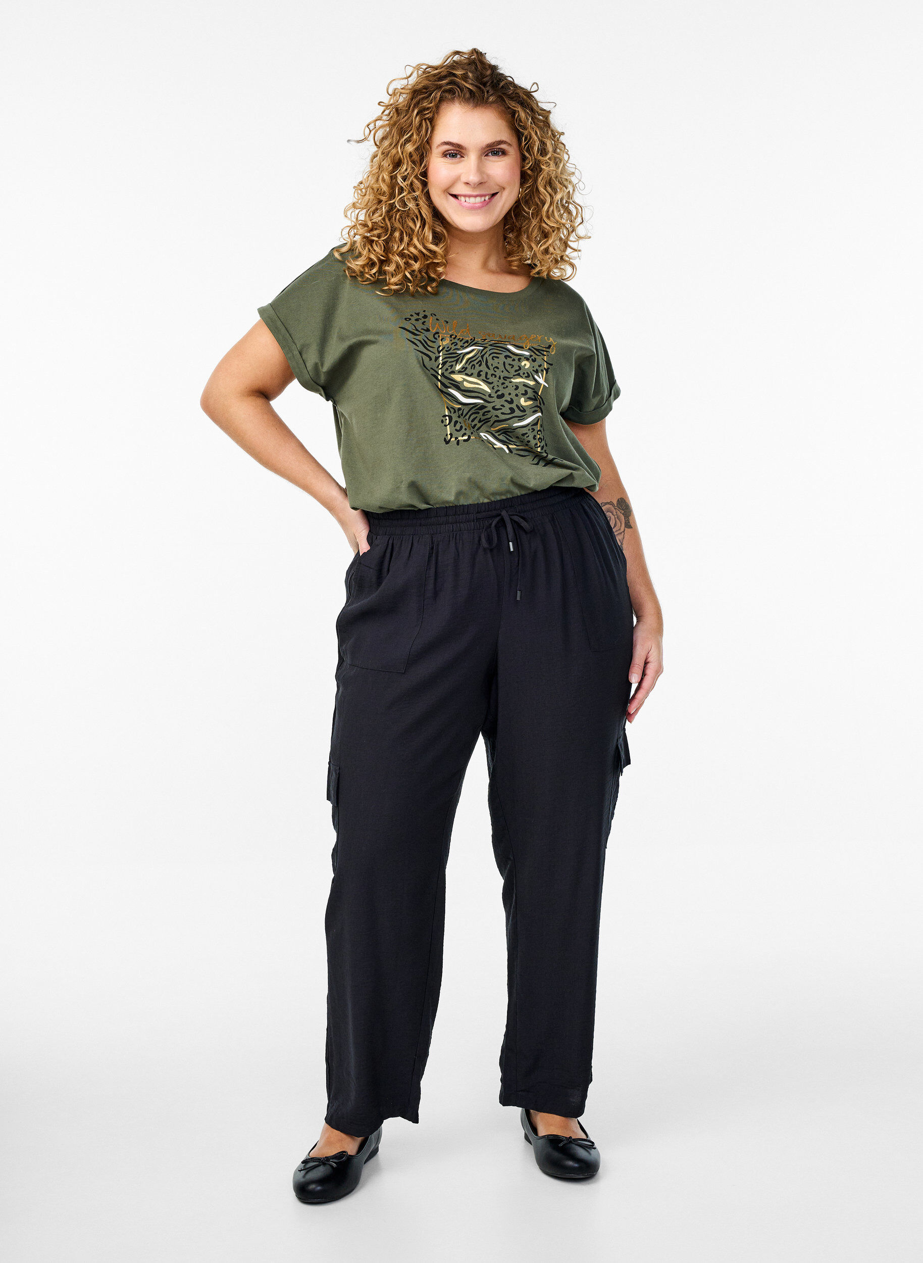 Cargo broek met hoge taille, Zwart, Model