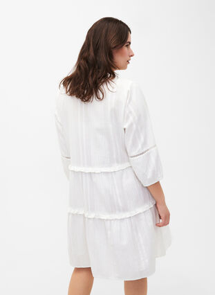 Katoenen jurk met 3/4 mouwen en ruches, Bright White, Model image number 1