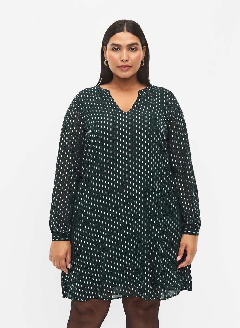 Jurk met lange mouwen en folieprint, Scarab w. Silver, Model image number 0