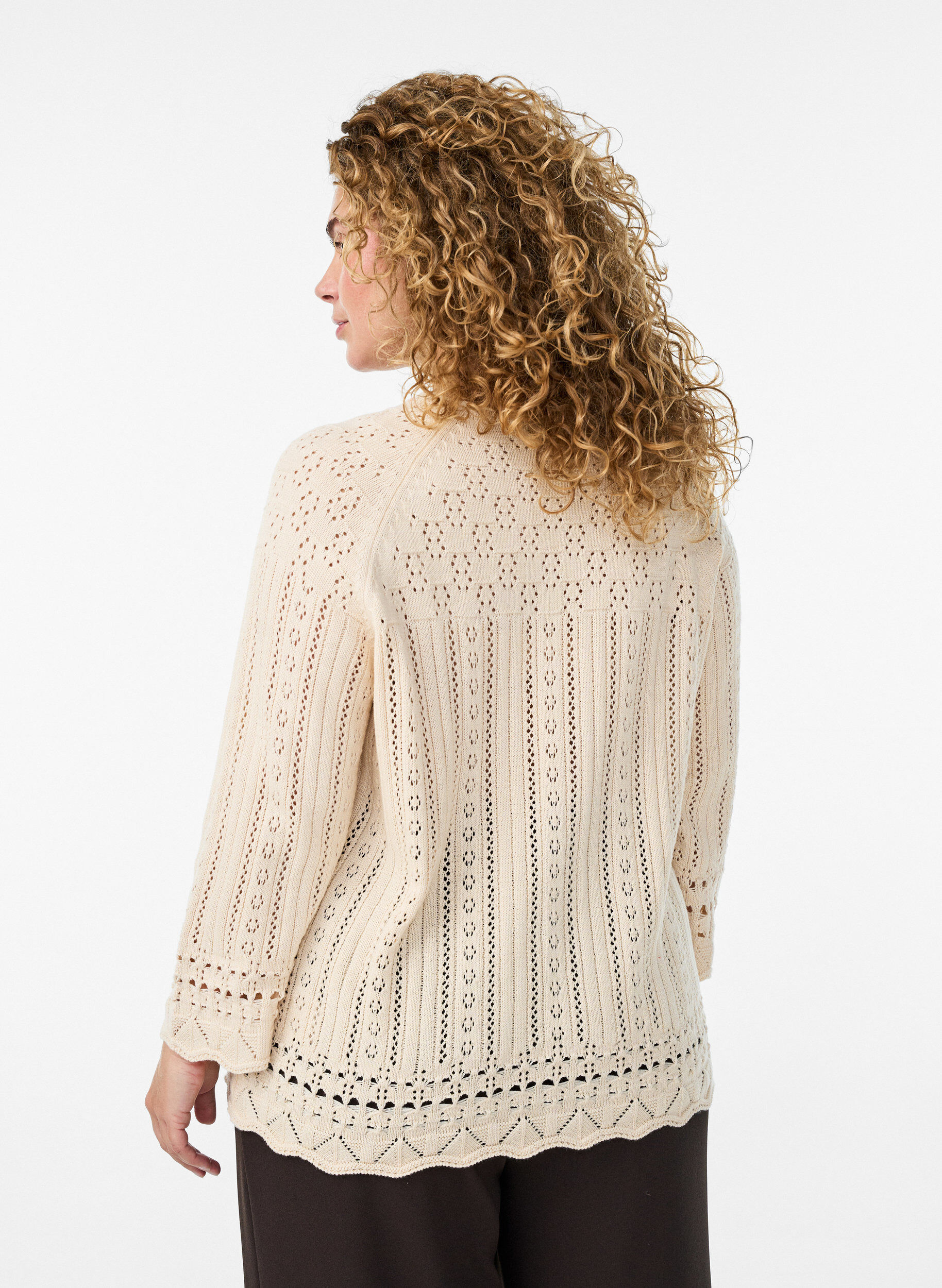 Zizzi Gebreide top met ajour borduursel en 3/4 mouwen, Beige, Model image number 2