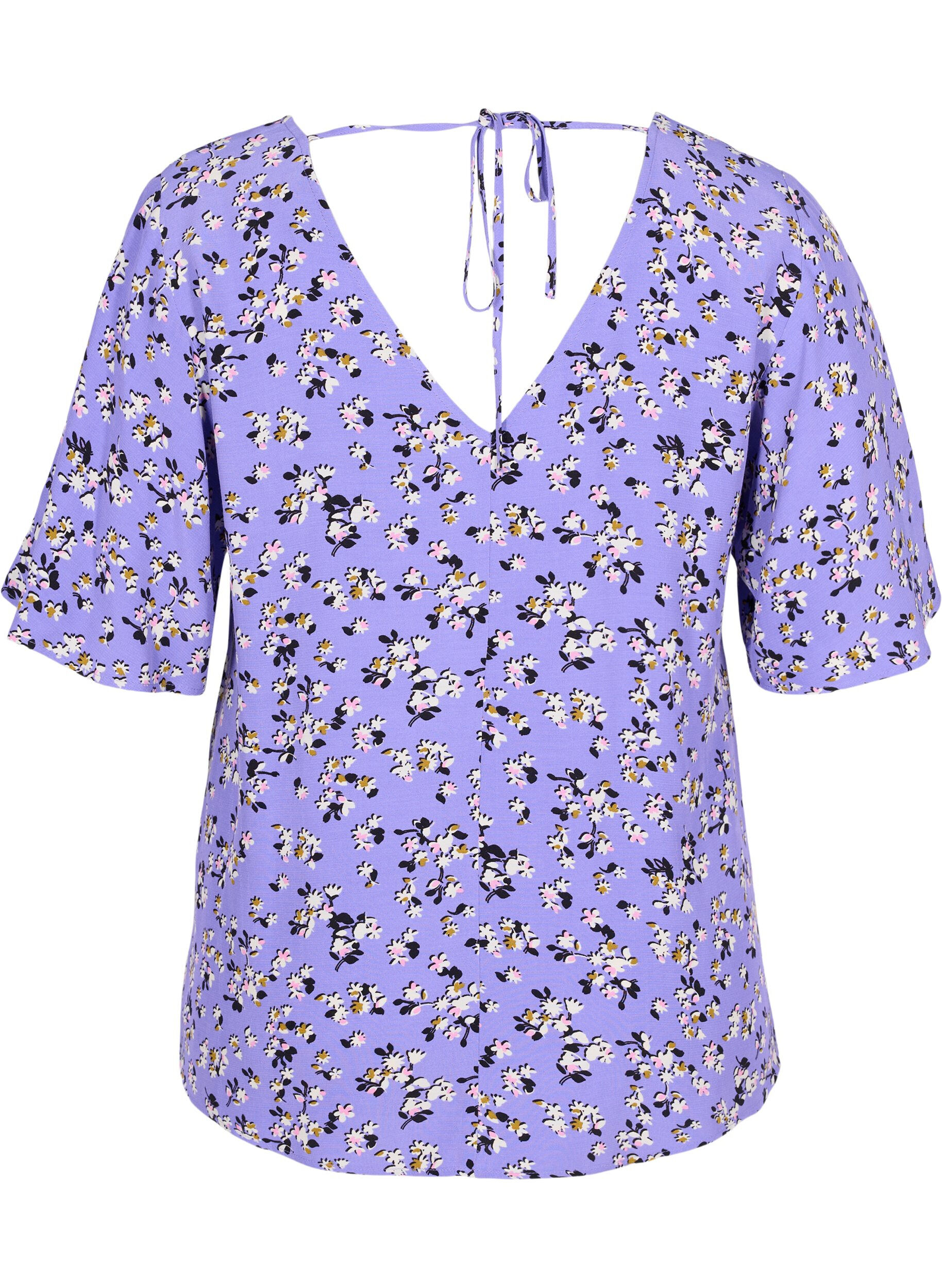 Zizzi Viscose top met bloemen en strikdetail, Lilac Flower Print, Packshot image number 1