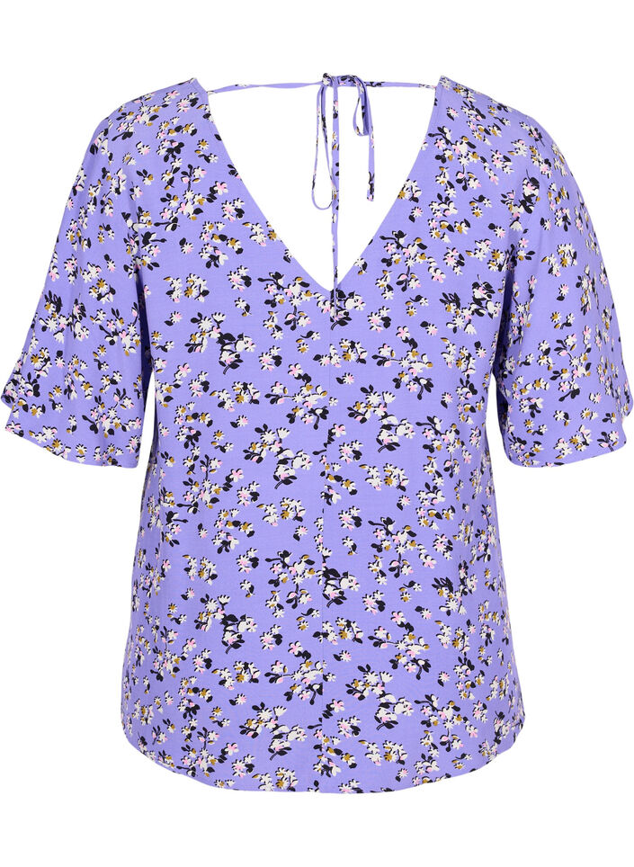 Viscose top met bloemen en strikdetail, Lilac Flower Print, Packshot image number 1