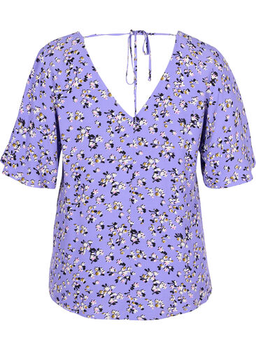 Viscose top met bloemen en strikdetail, Lilac Flower Print, Packshot image number 1