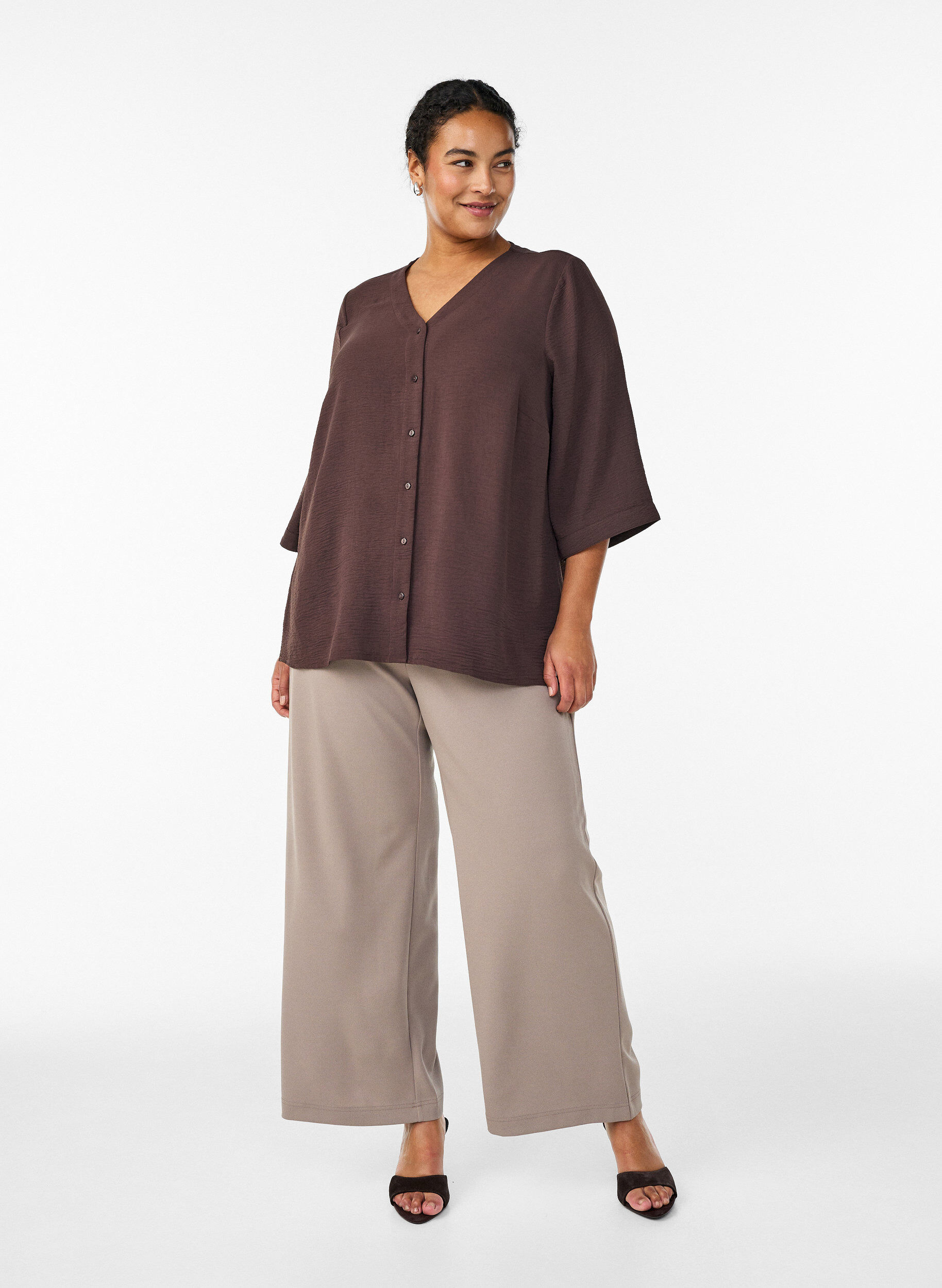 ZizziShirtblouse met V-hals en 3/4 mouwen, Bruin, Model image number 1