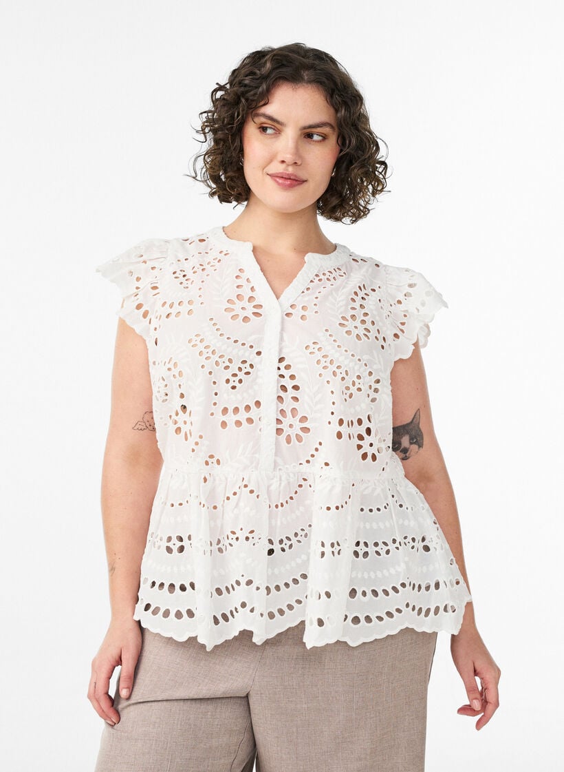 Mouwloze blouse met broderie anglaise en ruches, Wit, Model image number 0