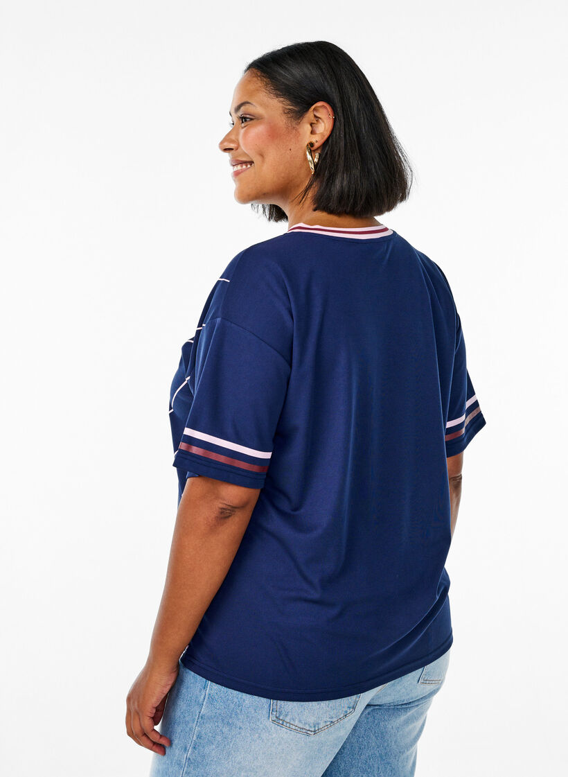Sportief T-shirt met strepen en tekstmotief, Blauw, Model image number 2