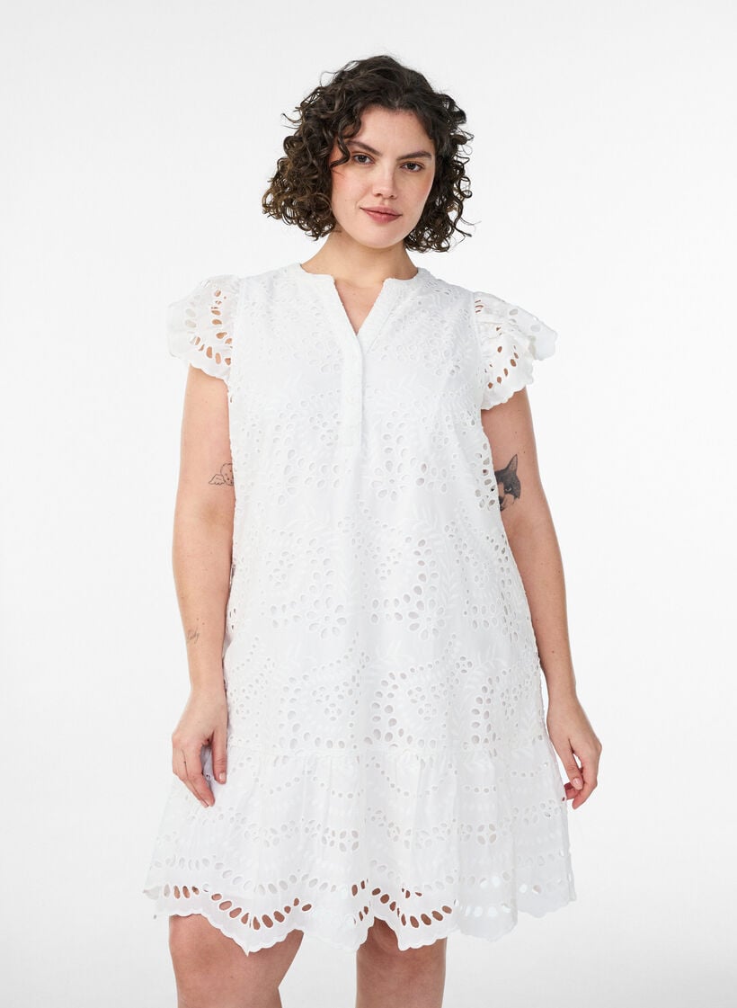 Broderie anglaise jurk met ruches mouwen, Wit, Model image number 0