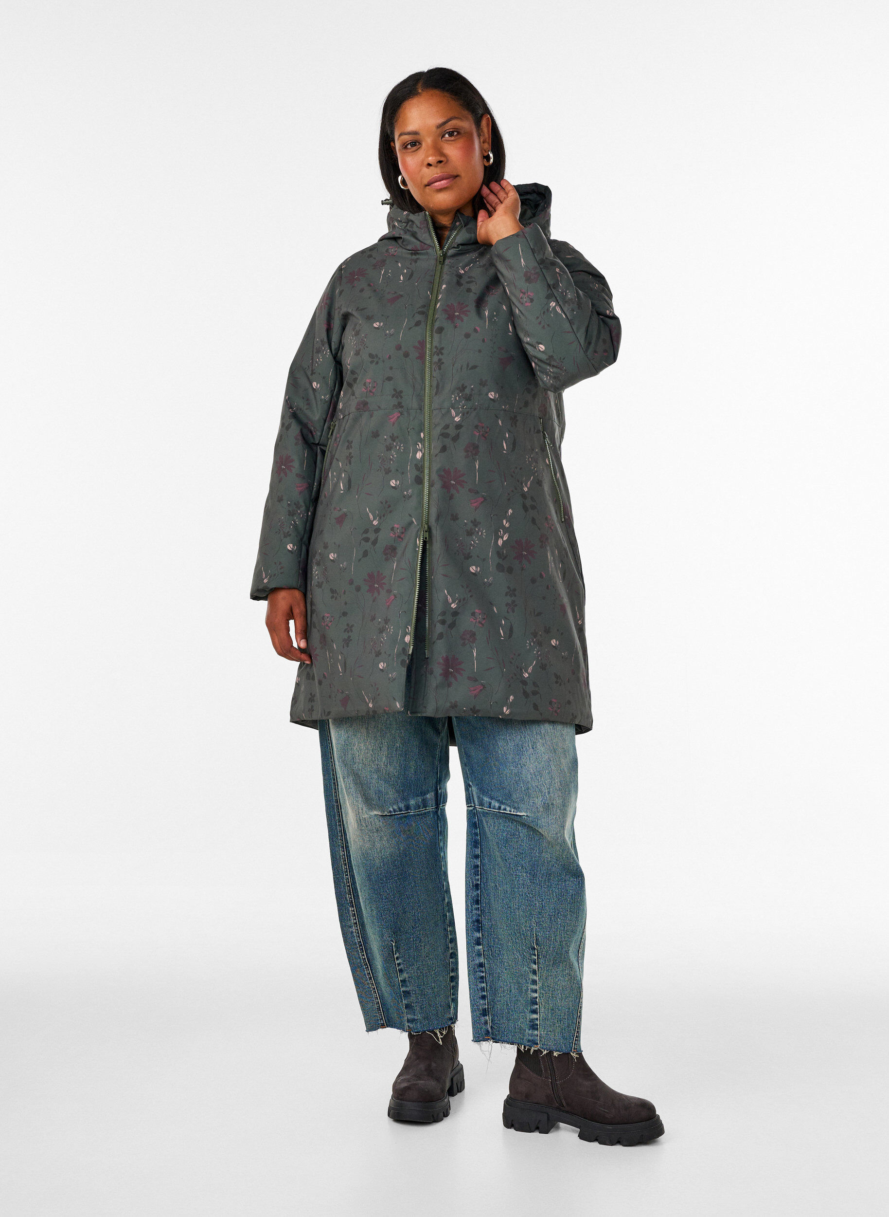 ZizziGewatteerde winterjas met bloemenprint, Groen, Model image number 1