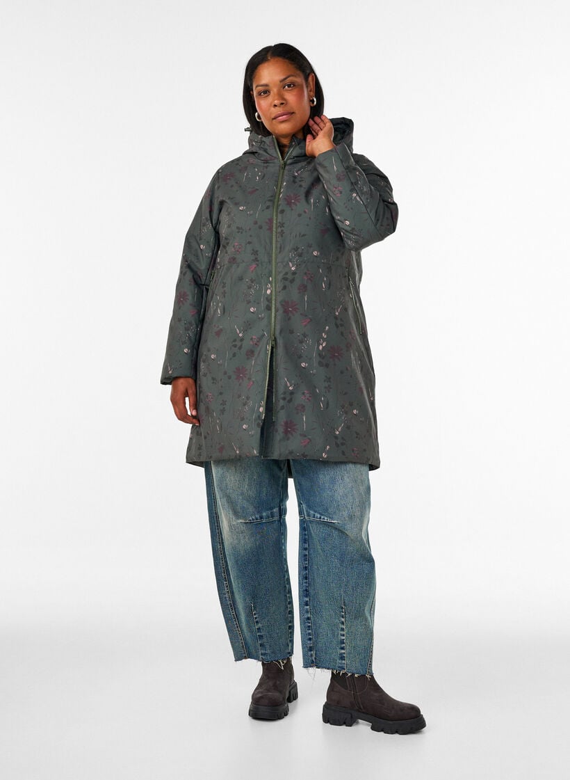 Gewatteerde winterjas met bloemenprint, Groen, Model image number 1