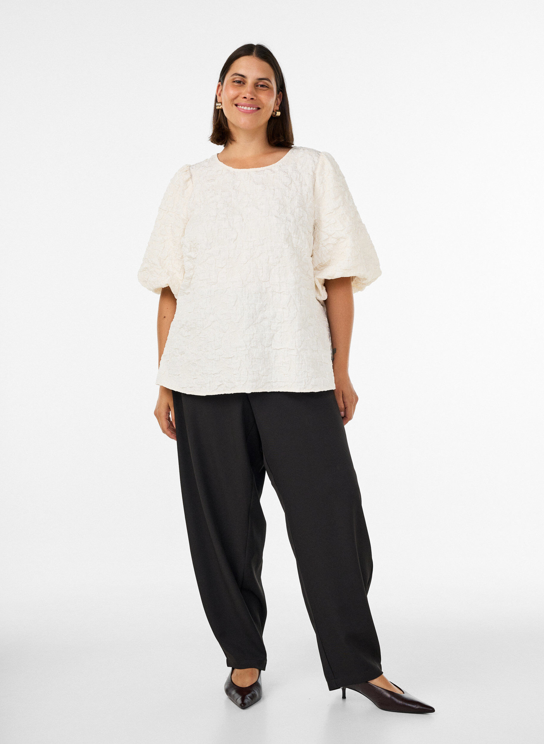 ZizziJacquard blouse met pofmouwen en A-lijnvorm, Vanille, Model image number 1