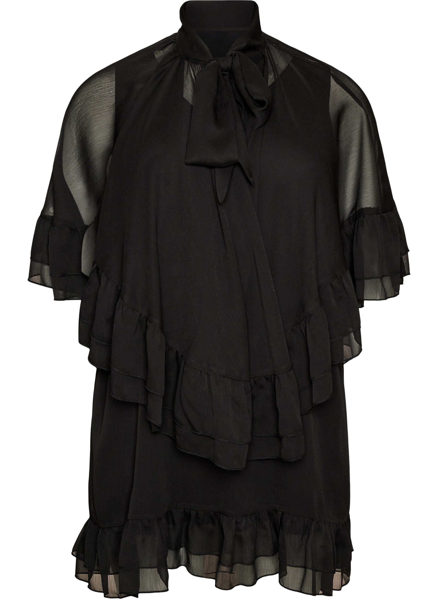 ZizziMouwloze jurk met chiffon cape, Zwart, Packshot image number 0
