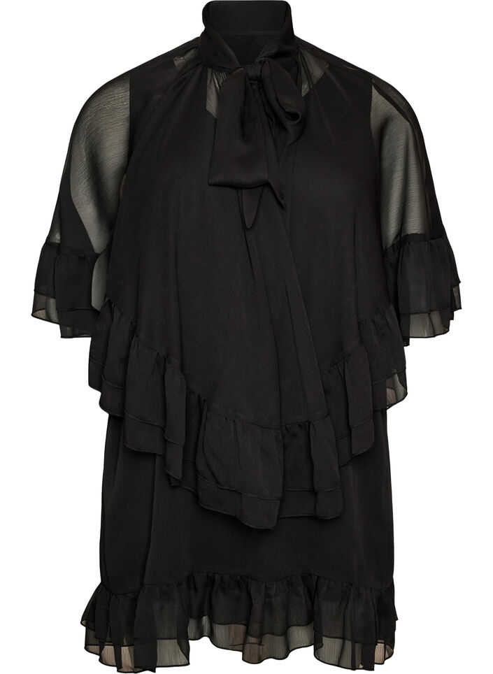 Mouwloze jurk met chiffon cape, Zwart, Packshot image number 0