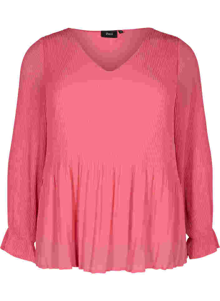 Geplooide blouse met v-hals, Hot Pink, Packshot image number 0