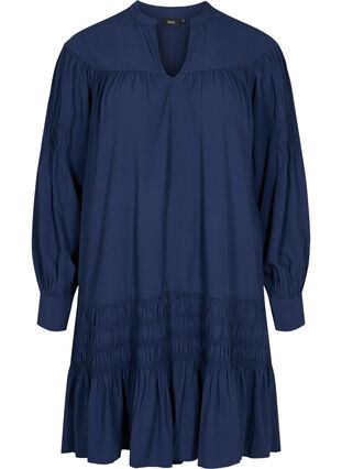 Viscose jurk met lange mouwen en smokdetails, Navy Blazer, Packshot image number 0