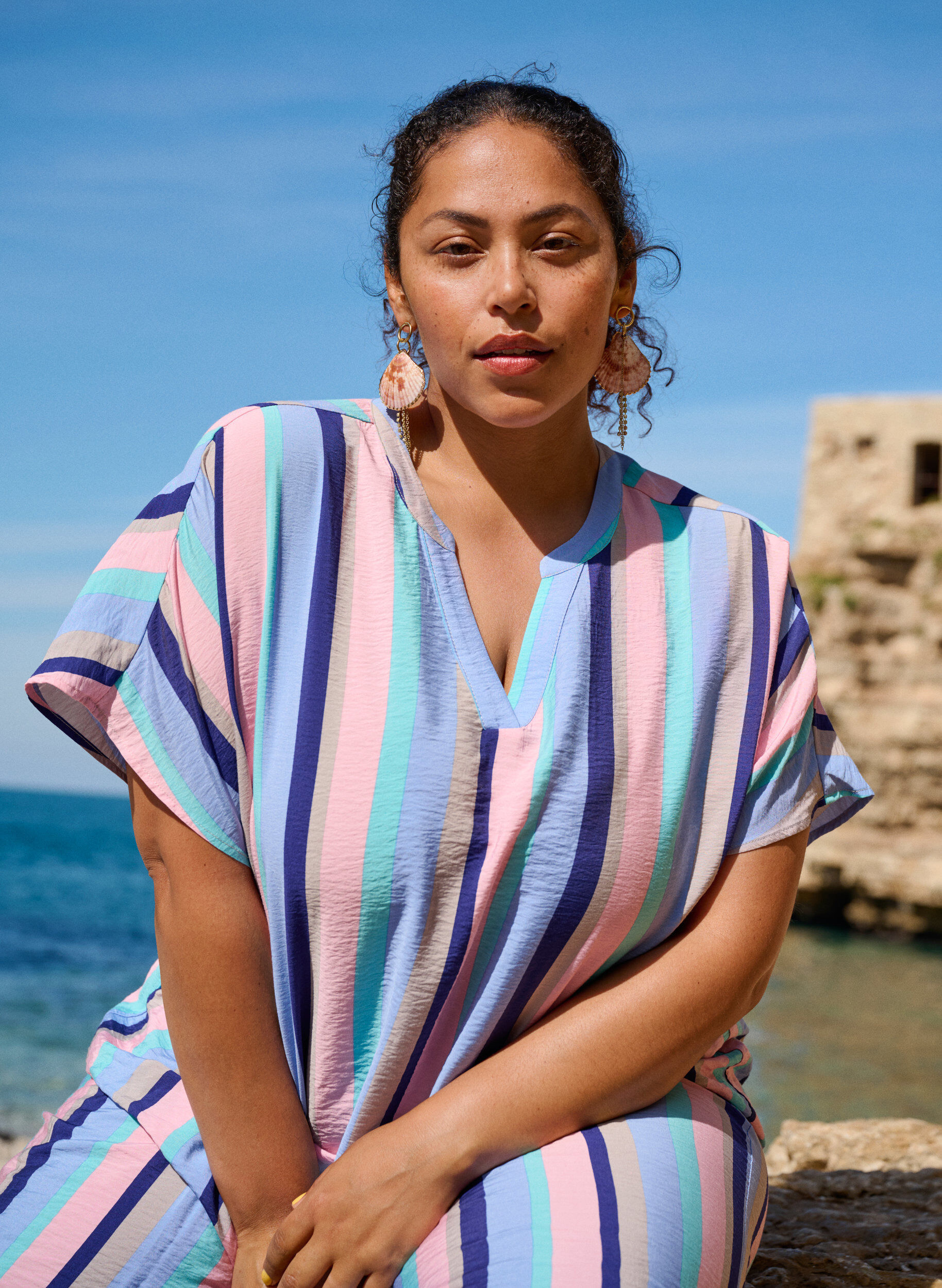 Zizzi Blouse van viscose met strepen en korte mouwen, Blauw, Image image number 0