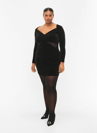 Korte velours jurk met kanten detail, Black, Model image number 3