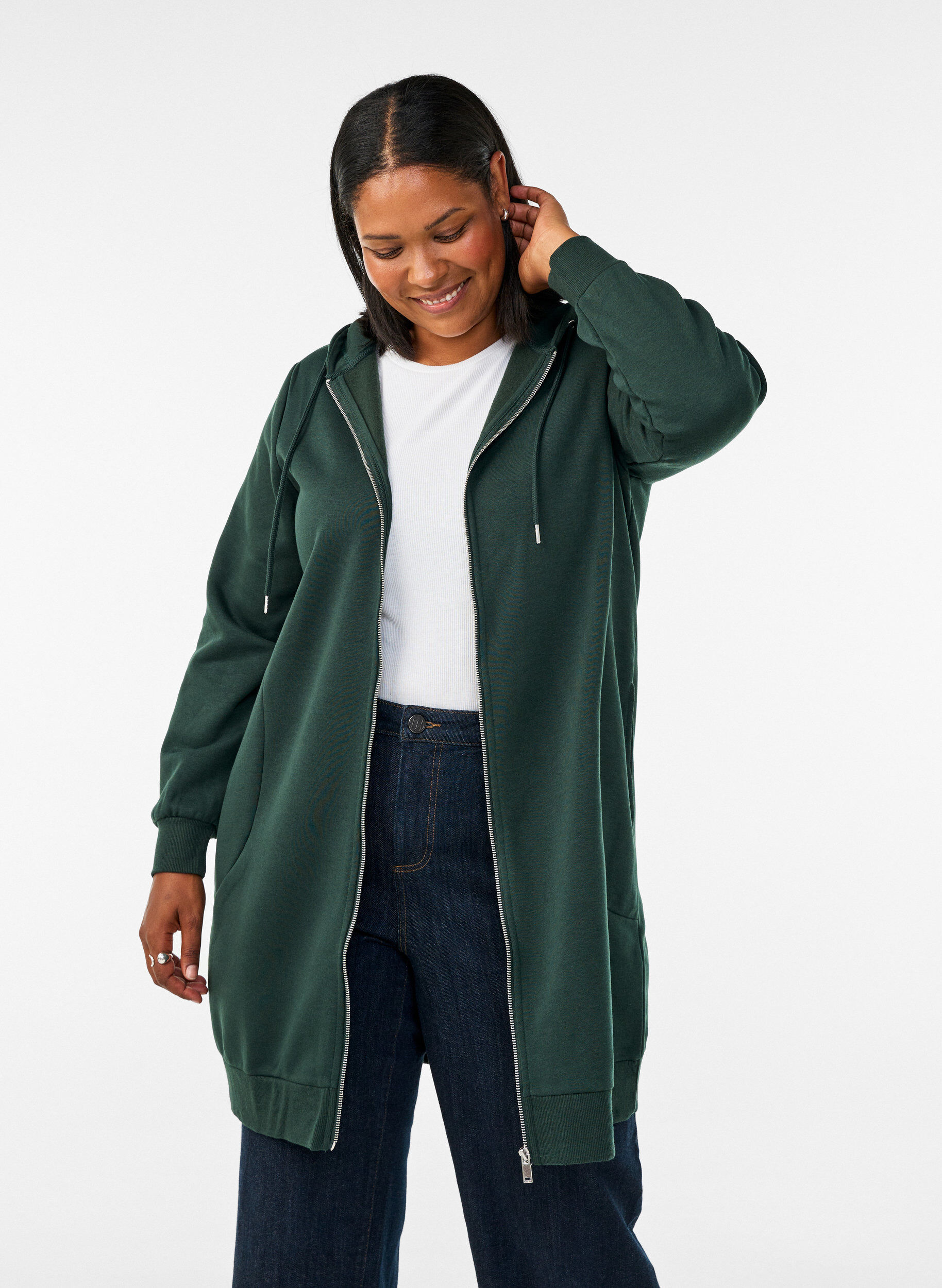 Lange hoodie met ritssluiting en zakken, Groen, Model