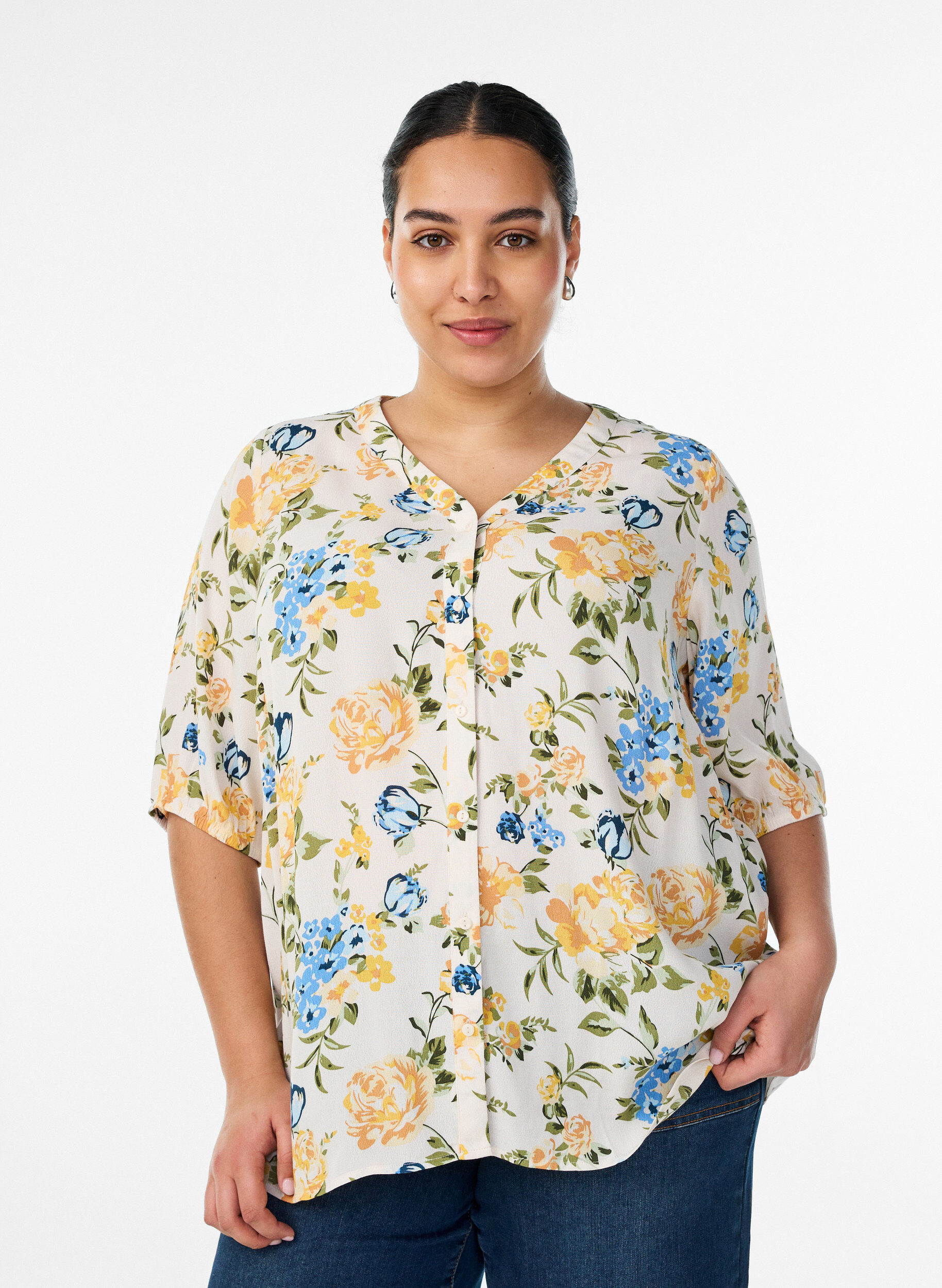 Zizzi Viscose blouse met print en knoopsluiting, Vanille, Model image number 0
