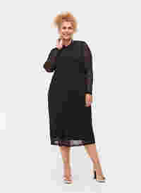 Midi-jurk met lange mouwen in mesh, Black, Model