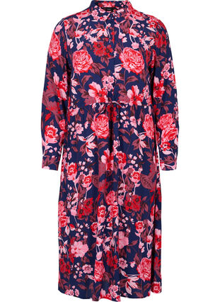 Gebloemde viscose jurk met verstelbaar trekkoord, Flower AOP, Packshot image number 0