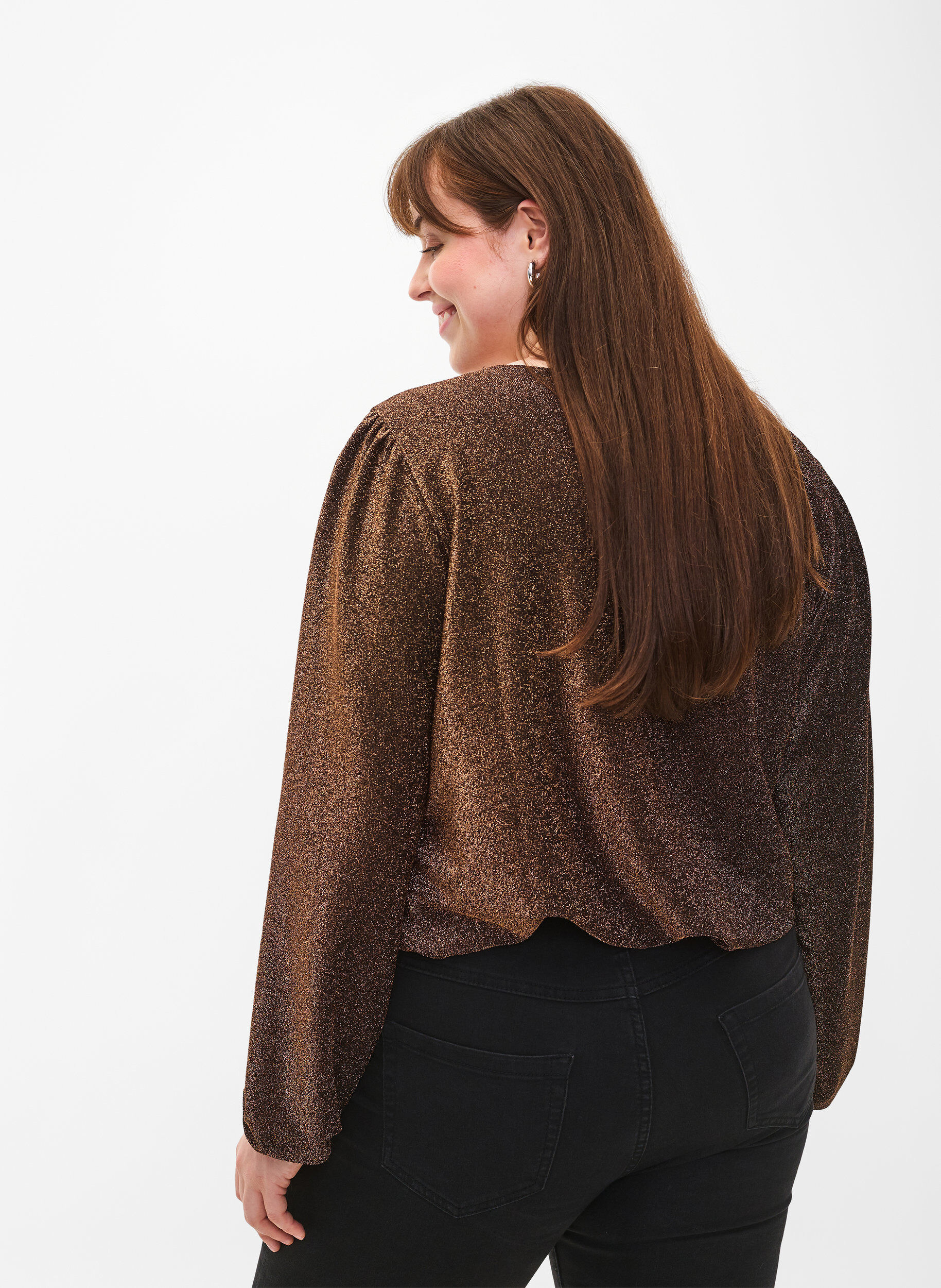 Zizzi Glitter blouse met pofmouwen, Black Copper, Model image number 1