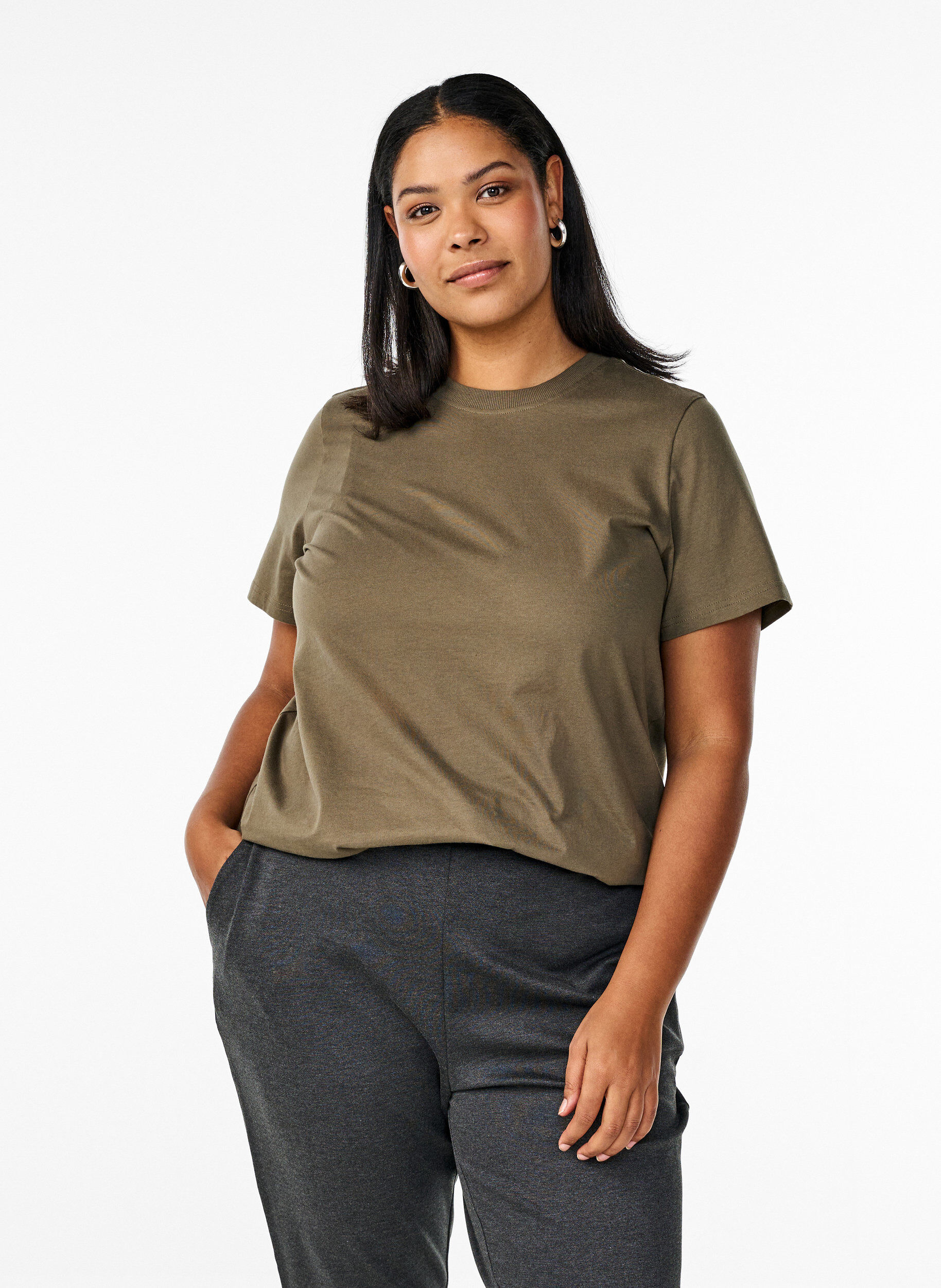 Basic katoenen T-shirt met ronde hals, Groen, Model