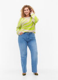 Rechte pasvorm jeans met ruwe randen, Medium Blue, Model