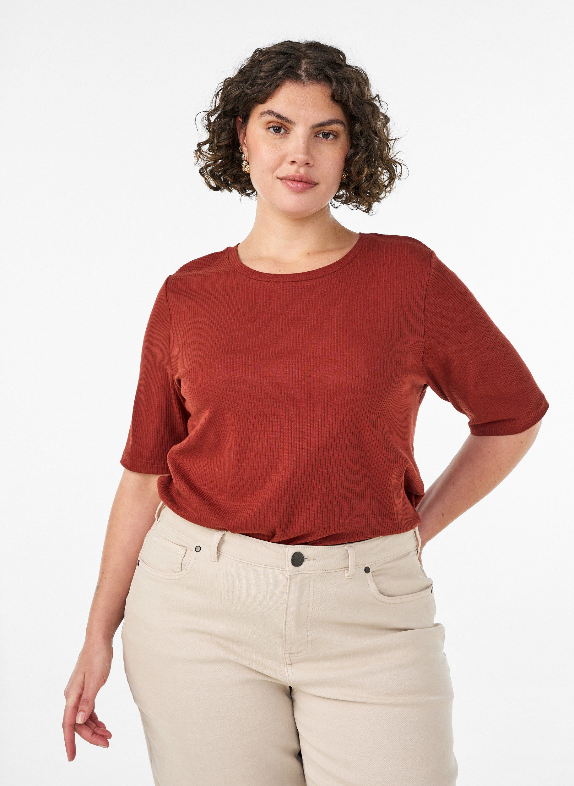 ZizziGeribde jersey blouse met korte mouwen, Rood, Model image number 0