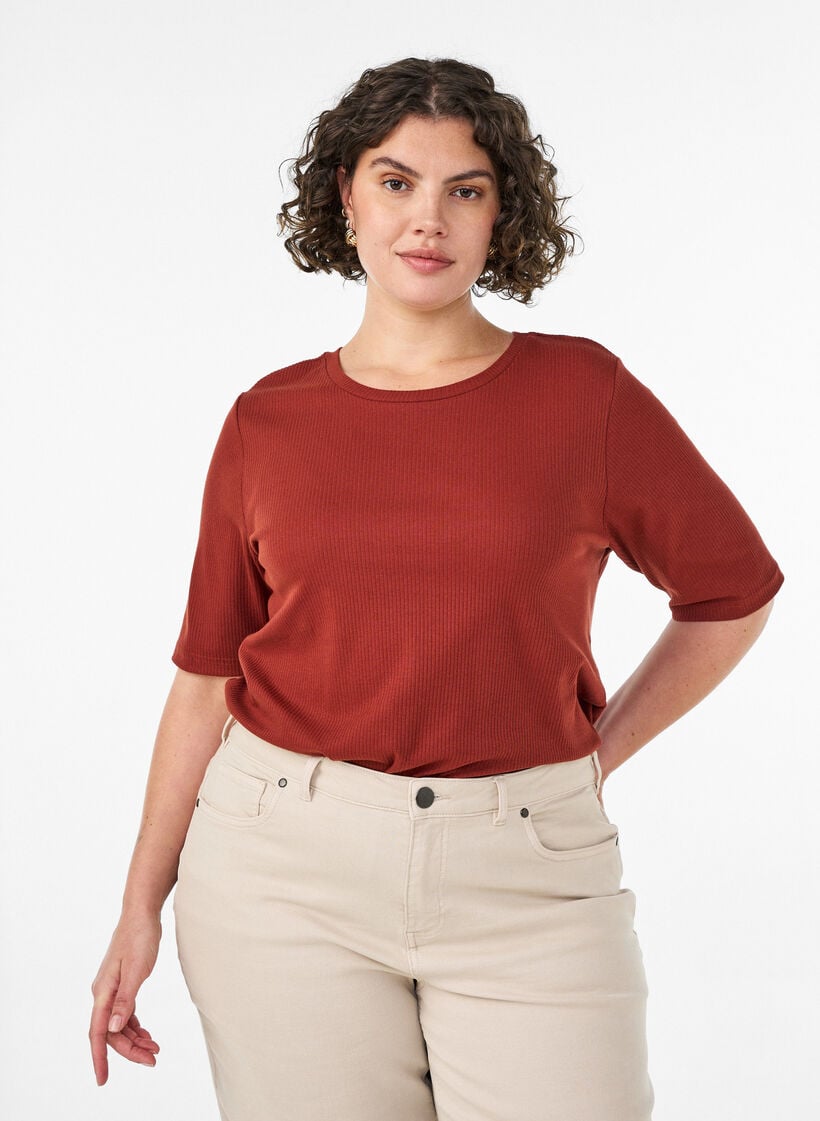 Geribde jersey blouse met korte mouwen, Rood, Model image number 0