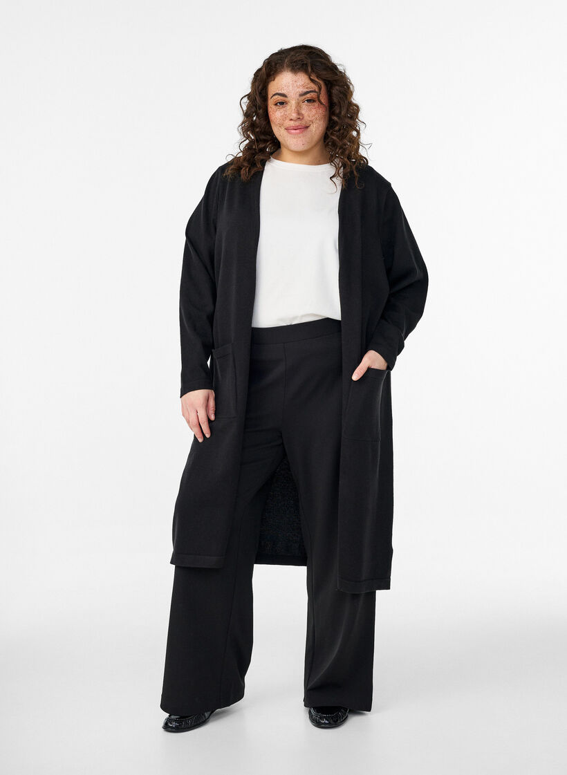 Lang, open vest met zakken, Zwart, Model image number 0