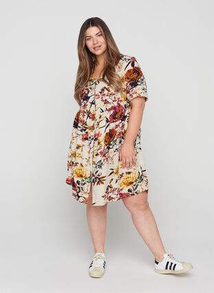 Viscose midi-jurk met bloemenprint , Beige Flower AOP, Model image number 2