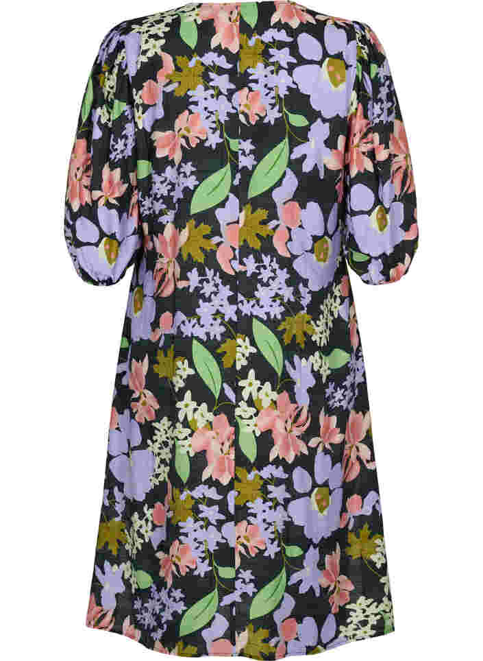 Gebloemde viscose midi-jurk met 3/4-mouwen, Purple Green Flower, Packshot image number 1