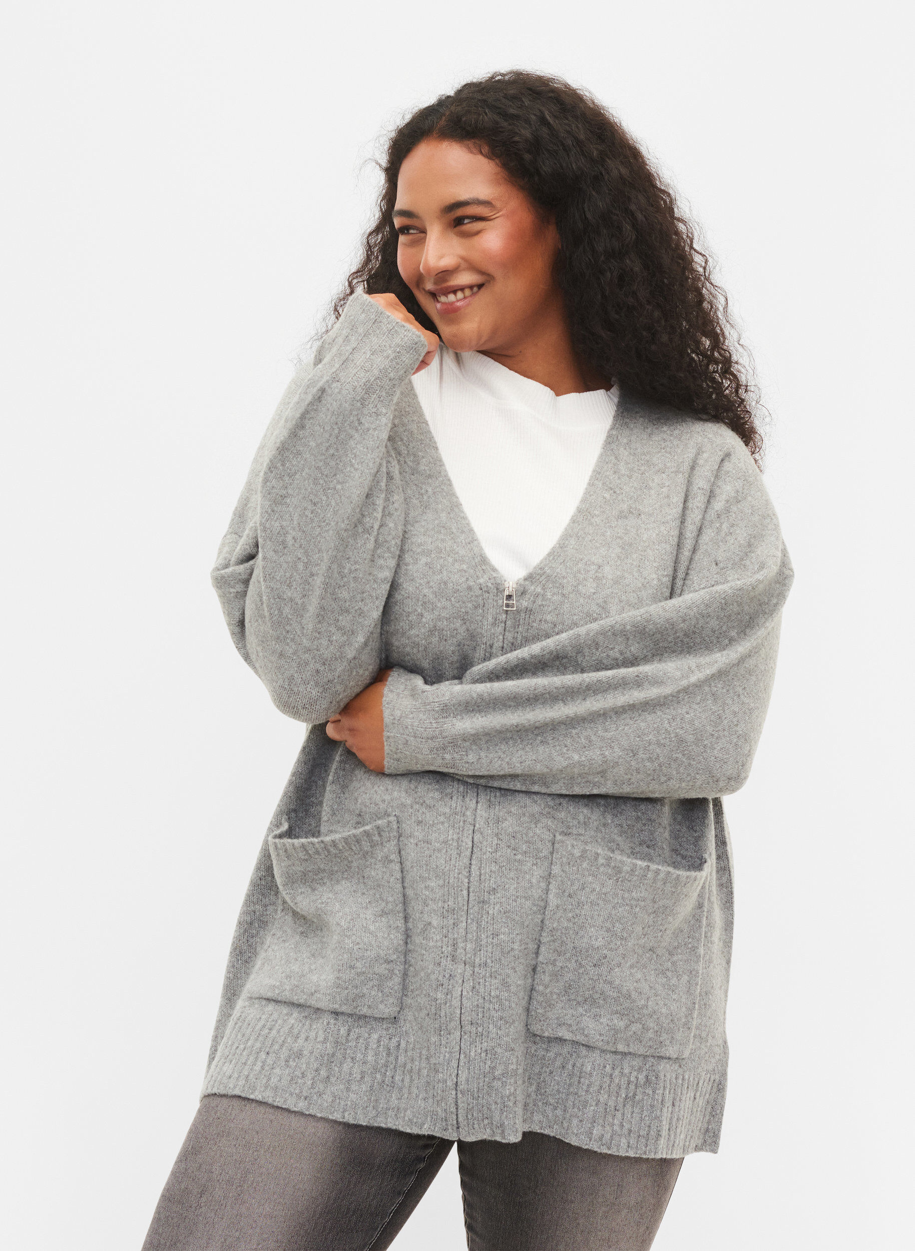 Zizzi Lang gebreid vest met rits en zakken, Medium Grey Melange, Model image number 0