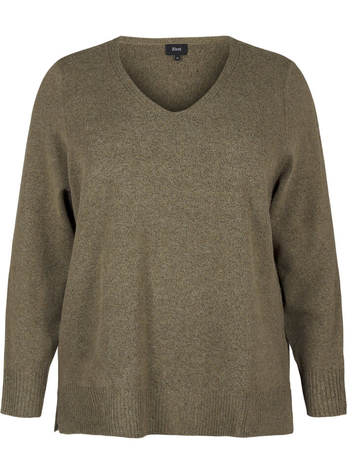 Gebreide blouse met V-hals, Dusky G. Black Mel., Packshot image number 0